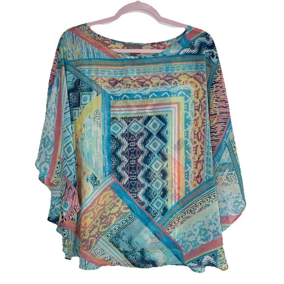 Chico's Geometric Cover Up Sheer Blouse Sz S/M Oversized Flowy Colorful - Picture 1 of 4